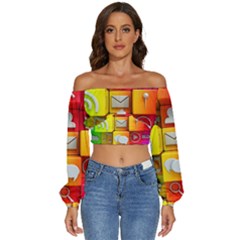 Colorful 3d Social Media Long Sleeve Crinkled Weave Crop Top by Ket1n9