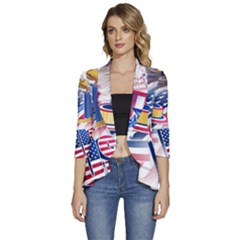 United States Of America Usa  Images Independence Day Women s 3/4 Sleeve Ruffle Edge Open Front Jacket by Ket1n9