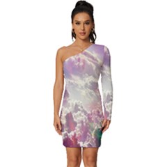 Clouds Multicolor Fantasy Art Skies Long Sleeve One Shoulder Mini Dress by Ket1n9