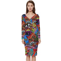 Art Color Dark Detail Monsters Psychedelic Long Sleeve V-neck Bodycon Dress  by Ket1n9