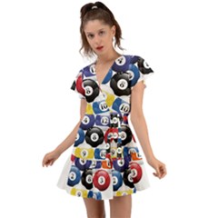 Racked Billiard Pool Balls Flutter Sleeve Wrap Dress