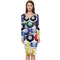 Racked Billiard Pool Balls Long Sleeve V-Neck Bodycon Dress 