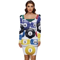 Racked Billiard Pool Balls Women Long Sleeve Ruched Stretch Jersey Dress