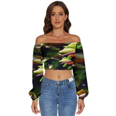 Bright Peppers Long Sleeve Crinkled Weave Crop Top by Ket1n9