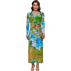 World Map Long Sleeve Longline Maxi Dress by Ket1n9