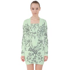 Illustration Of Butterflies And Flowers Ornament On Green Background V-neck Bodycon Long Sleeve Dress by Ket1n9