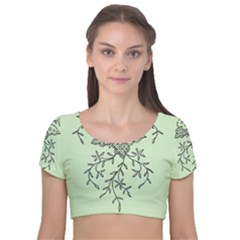 Illustration Of Butterflies And Flowers Ornament On Green Background Velvet Short Sleeve Crop Top  by Ket1n9