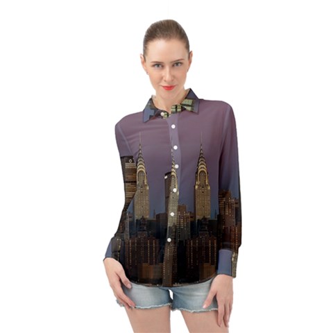 Skyline-city-manhattan-new-york Long Sleeve Chiffon Shirt by Ket1n9