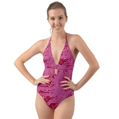 Pink Circuit Pattern Halter Cut-out One Piece Swimsuit by Ket1n9