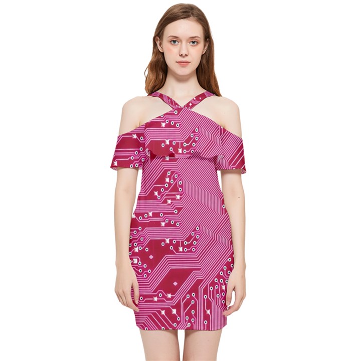 Pink Circuit Pattern Shoulder Frill Bodycon Summer Dress