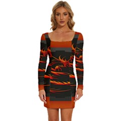 Dragon Long Sleeve Square Neck Bodycon Velvet Dress by Ket1n9