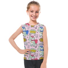 Seamless-pattern-with-many-funny-cute-superhero-dinosaurs-t-rex-mask-cloak-with-comics-style-inscrip Kids  Mesh Tank Top by Ket1n9