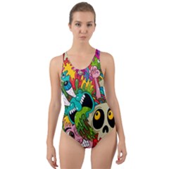 Crazy Illustrations & Funky Monster Pattern Cut-out Back One Piece Swimsuit by Ket1n9