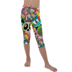 Crazy Illustrations & Funky Monster Pattern Kids  Lightweight Velour Capri Leggings  by Ket1n9