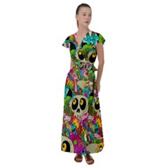 Crazy Illustrations & Funky Monster Pattern Flutter Sleeve Maxi Dress by Ket1n9