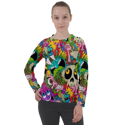 Crazy Illustrations & Funky Monster Pattern Women s Long Sleeve Raglan T-shirt by Ket1n9