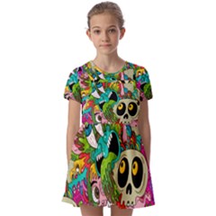 Crazy Illustrations & Funky Monster Pattern Kids  Short Sleeve Pinafore Style Dress by Ket1n9