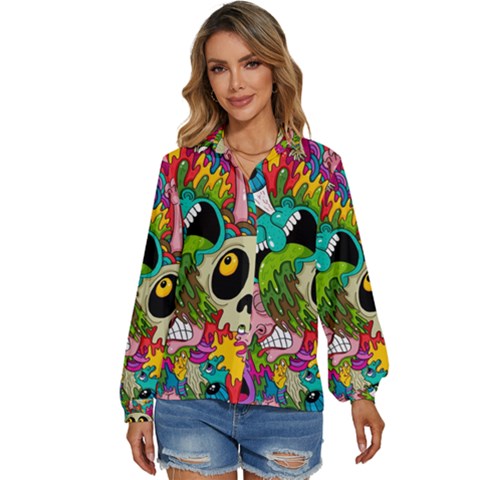 Crazy Illustrations & Funky Monster Pattern Women s Long Sleeve Button Up Shirt by Ket1n9