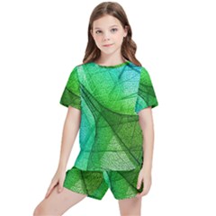 Sunlight Filtering Through Transparent Leaves Green Blue Kids  T-shirt And Sports Shorts Set by Ket1n9