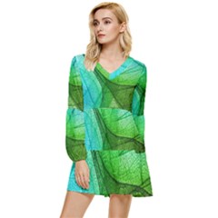 Sunlight Filtering Through Transparent Leaves Green Blue Tiered Long Sleeve Mini Dress