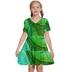 Sunlight Filtering Through Transparent Leaves Green Blue Kids  Short Sleeve Tiered Mini Dress by Ket1n9