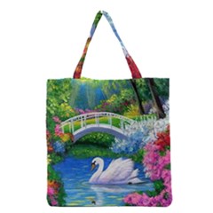 Swan Bird Spring Flowers Trees Lake Pond Landscape Original Aceo Painting Art Grocery Tote Bag by Ket1n9