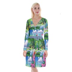 Swan Bird Spring Flowers Trees Lake Pond Landscape Original Aceo Painting Art Long Sleeve Velvet Front Wrap Dress by Ket1n9