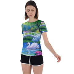 Swan Bird Spring Flowers Trees Lake Pond Landscape Original Aceo Painting Art Back Circle Cutout Sports T-shirt by Ket1n9