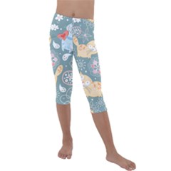 Cute Cat Background Pattern Kids  Lightweight Velour Capri Leggings  by Ket1n9