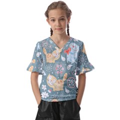 Cute Cat Background Pattern Kids  V-neck Horn Sleeve Blouse by Ket1n9