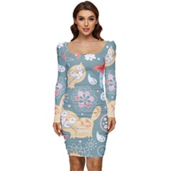 Cute Cat Background Pattern Women Long Sleeve Ruched Stretch Jersey Dress by Ket1n9