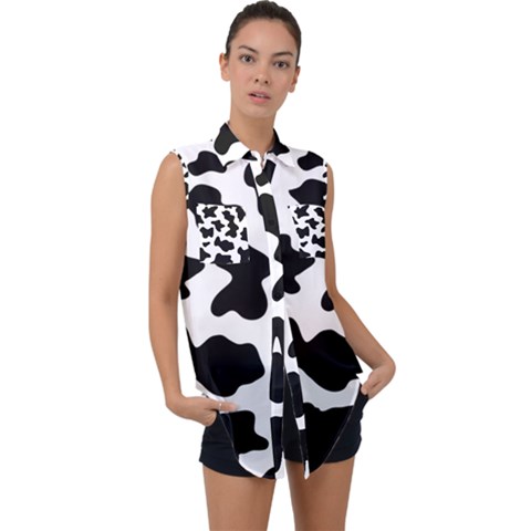 Animal-print-black-and-white-black Sleeveless Chiffon Button Shirt by Ket1n9