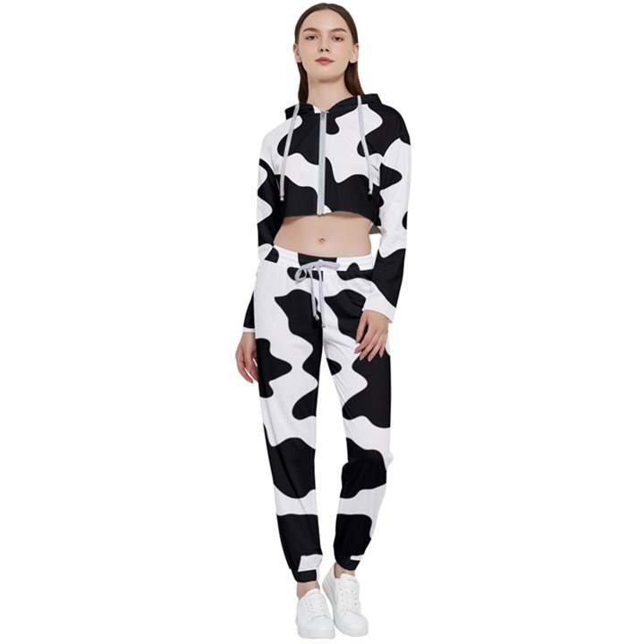 Animal-print-black-and-white-black Cropped Zip Up Lounge Set