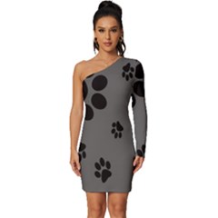 Dog-foodprint Paw Prints Seamless Background And Pattern Long Sleeve One Shoulder Mini Dress by Ket1n9