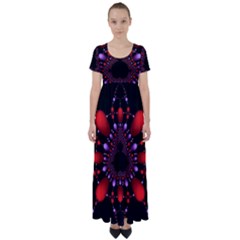 Fractal Red Violet Symmetric Spheres On Black High Waist Short Sleeve Maxi Dress