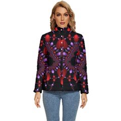 Fractal Red Violet Symmetric Spheres On Black Women s Puffer Bubble Jacket Coat by Ket1n9