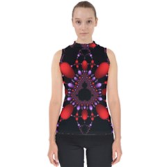 Fractal Red Violet Symmetric Spheres On Black Mock Neck Shell Top