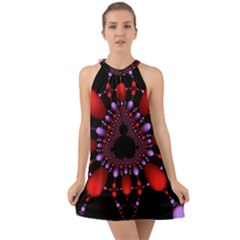 Fractal Red Violet Symmetric Spheres On Black Halter Tie Back Chiffon Dress