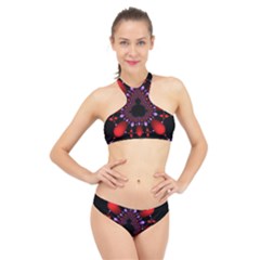 Fractal Red Violet Symmetric Spheres On Black High Neck Bikini Set