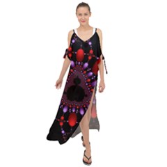 Fractal Red Violet Symmetric Spheres On Black Maxi Chiffon Cover Up Dress