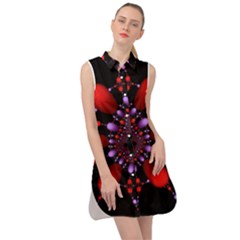 Fractal Red Violet Symmetric Spheres On Black Sleeveless Shirt Dress