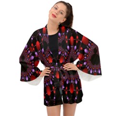 Fractal Red Violet Symmetric Spheres On Black Long Sleeve Kimono