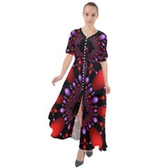 Fractal Red Violet Symmetric Spheres On Black Waist Tie Boho Maxi Dress
