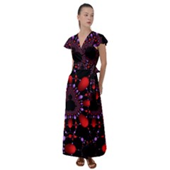 Fractal Red Violet Symmetric Spheres On Black Flutter Sleeve Maxi Dress