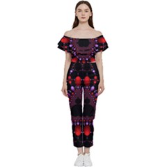 Fractal Red Violet Symmetric Spheres On Black Bardot Ruffle jumpsuit