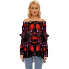 Fractal Red Violet Symmetric Spheres On Black Off Shoulder Chiffon Pocket Shirt