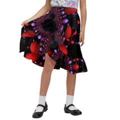 Fractal Red Violet Symmetric Spheres On Black Kids  Ruffle Flared Wrap Midi Skirt