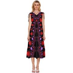 Fractal Red Violet Symmetric Spheres On Black V-Neck Drawstring Shoulder Sleeveless Maxi Dress