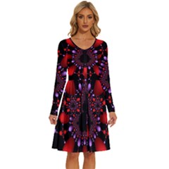 Fractal Red Violet Symmetric Spheres On Black Long Sleeve Dress With Pocket