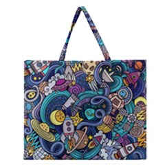 Cartoon-hand-drawn-doodles-on-the-subject-of-space-style-theme-seamless-pattern-vector-background Zipper Large Tote Bag by Ket1n9